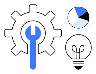 İngiliz anahtarı, segmentli pasta grafiği ve geliştirmeyi, onarmayı, analizi ve fikirleri vurgulayan ampullü vites. Yenilik, teknoloji, iş yaratıcılığı bakım planlaması için ideal