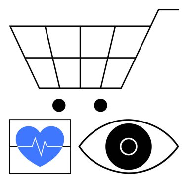Alışveriş arabası, kalp atışı çizgisi ve göz çizgisi olan mavi kalp. Sağlık hizmetleri, tıbbi teknisyen, sağIık perakendecisi, e-ticaret, vizyon bakımı, tanılama sade iniş sayfası için ideal