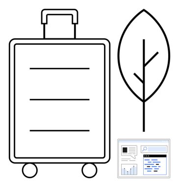 Tekerlekli bavul, basit yaprak taslağı ve veri paneli. Sürdürülebilir seyahat, eko-turizm, veri takibi, tatil planlaması, yeşil girişimler, dijital trendler için ideal