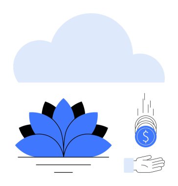 Mavi nilüfer üzerindeki bulut yaratıcılığı, yeniliği ve bozuk paralarla büyümeyi simgeler. Finans, bulut depolama, yenilik, tasarruf, büyüme, yatırım için ideal