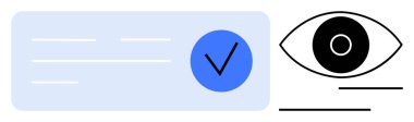 Mavi doğrulama işareti, açık bir göz ikonunun yanında, onayı, güveni, onaylanmayı ve görünürlüğü sembolize ediyor. Güvenlik, kimlik doğrulama, şeffaflık ve uyumun izlenmesi için ideal