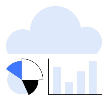 Pasta grafiği ve çubuk grafiğinin üzerinde gezinen bulutlar veri depolama, analiz, bulut hesaplama ve görselleştirmeyi gösteriyor. Verimlilik, teknoloji, yenilik, izleme, araştırma iletişimi için ideal