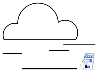 Büyük bulut sanal çevrimiçi mağazayla bağlantılı, e-ticaret, dijital depolama ve bağlantıyı temsil ediyor. Teknoloji, iş, alışveriş, bulut hesaplama, veri İnternet düzlüğü için ideal