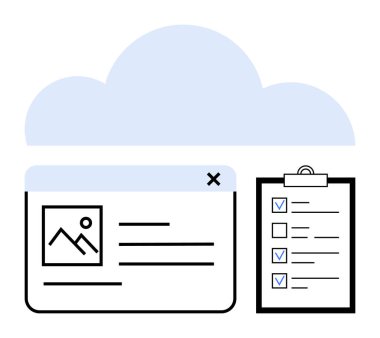 Resim ve metin içeren bir web sayfası düzeninin üstündeki mavi bulut, bir pano kontrol listesinin yanında. Veri depolama, bulut hesaplama, üretkenlik, görev yönetimi, kullanıcı arayüzü, organizasyon, basit