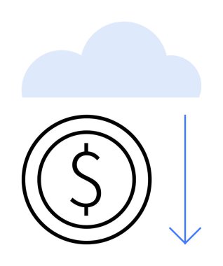 Dolar üstü paralar ve aşağı doğru ok, maliyet düşüşünü veya tasarrufu sembolize ediyor. Finans, bulut hizmetleri, maliyet yönetimi, iş çözümleri, ekonomik modeller, yatırım, basit iniş için ideal