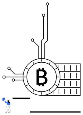 Şifreli para ve teknolojiyi temsil eden, devre çizgileriyle bağlı bitcoin sembolü. Fintech, engelleme zinciri, yatırım, kripto, ademi merkeziyet, yenilik, dijital