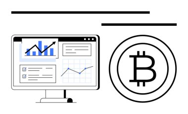 Masaüstü monitörü, Bitcoin sembolünün yanında analitik grafikleri, grafikleri ve metrikleri gösterir. Kripto para birimi, fintech, engelleme zinciri, ticaret, yatırım, piyasa analizi dijital ekonomi için ideal