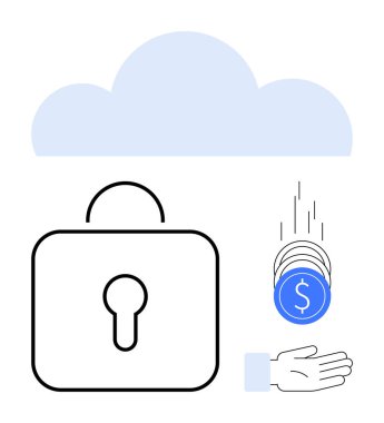 Kilit sembollü bulut simgesi, bozuk paralar ve para alan bir el. Siber güvenlik, bulut hizmetleri, çevrimiçi ödeme, veri koruması, teknoloji ve basit iniş sayfası için ideal