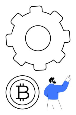 Altında Bitcoin sembolü olan büyük vites ana hatları, yukarıyı gösteren mavili adam. Teknoloji, engelleme zinciri, yenilik, kripto para birimi, finans, dijital ekonomi stratejisi temaları için idealdir. Düz basit