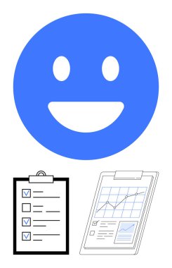 Mavi gülen surat, kontrol listesi ve analitik çizelgesiyle pozitiflik, görev yönetimi ve performans takibini birleştiriyor. İş için ideal, takım çalışması, motivasyon, planlama, veri, organizasyon için basit