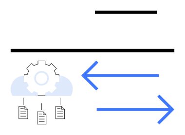 Veri akışını sembolize eden çift yönlü oklarla birlikte, dişliler bulut ve dosyalarla bağlantılı. Otomasyon, bütünleşme, bulut teknolojisi, veri yönetimi, eşzamanlama, iş akışı için ideal