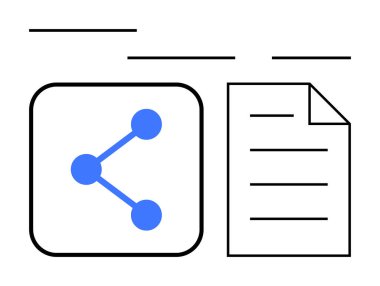 Yapılandırılmış bir belgenin yanındaki ağ simgesine bağlı düğümler. İletişim, bilgi alışverişi, takım çalışması, bilgi paylaşımı, organizasyon, dijital etkileşim için ideal, düz basit metafor