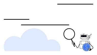Robot para tutarken büyüteçle mavi bulutu analiz ediyor. Teknoloji, yapay zeka, bulut hesaplama, veri güvenliği, yenilik, finansal analiz, iş için ideal. Düz basit metafor