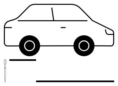 Minimum detay ve boya fırçasıyla eşleştirilmiş bir arabanın siyah çizgisi. Otomotiv tasarımı, kişiselleştirme, yaratıcılık, ulaşım kavramları, minimalizm, tasarım planlaması ve düz basit