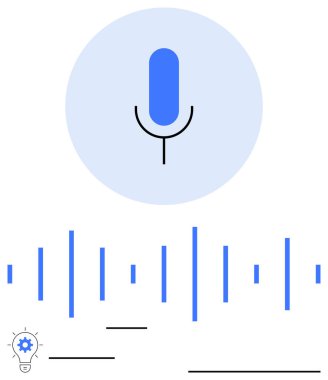 Mavi daire şeklinde ses dalgaları ve fikir teçhizatı ikonu olan bir mikrofon. Ses teknolojisi, yapay zeka, podcast, ses kaydı, yenilik, iletişim ve otomasyon kavramları için ideal. Düz basit metafor