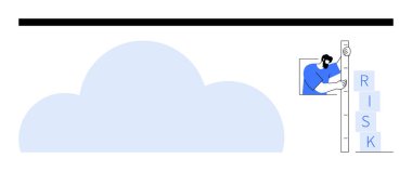 Merdivene tırmanan, RISK 'i dengeleyen kişi, büyük bir bulutun yanında. Risk yönetimi, bulut hesaplama, strateji, veri depolama, yenilik, basit iniş sayfası için ideal