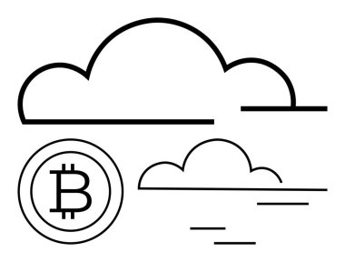 Bitcoin sembolü ana hatlı bulut grafikleriyle eşleştirilerek engelleme teknolojisi entegrasyonunu vurguluyor. Kripto para birimi, bulut depolama, fintech, yenilik, dijital ekonomi ve ademi merkeziyet için ideal
