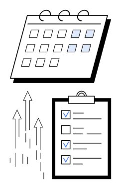 İşaretli tarihleri olan takvim, tamamlanmış görevleri olan panodaki kontrol listesi ve ilerlemeyi gösteren yukarı doğru oklar. Organizasyon, planlama, üretkenlik, ilerleme izleme, görev yönetimi için ideal