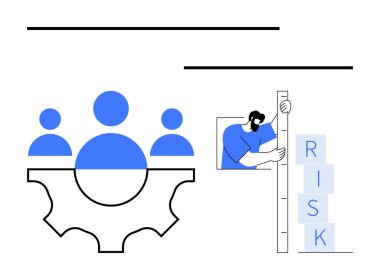 Ekip çalışmasını ve verimliliği temsil eden insanların olduğu soyut ekipman yığınla risk bloğunu ölçen bir adamla birlikte. İş, strateji, risk yönetimi, işbirliği, yenilik, takım çalışması için ideal