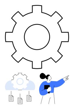 Büyük dişli, bulut belgelerine bağlı işlem optimizasyonunu sembolize eder. Elinde not defteri olan bir adam. Yönetim, yenilik, iş akışı, strateji, takım çalışması, bulut hesaplama, düz