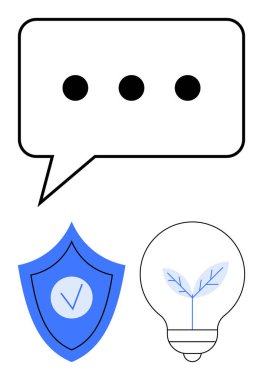 Elipsli konuşma balonu, işaretli mavi kalkan, ve yaprak ile ampul iletişim, güvenlik, yenilik, sürdürülebilirlik, güven, problem çözme ve basit iniş sayfası temalarını birleştirin