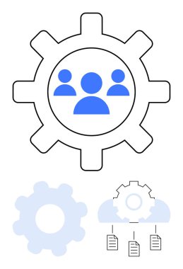 Takım simgeleri merkezi vites içinde işbirliği anlamına gelir. Altında belgeler olan bastırılmış bulut ve vitesler veri senkronizasyonu, takım çalışması ve bağlantı öneriyor. İletişim ve takım çalışması için ideal