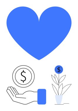 Büyük mavi kalp, el ele tutuşma madeni para ve büyüyen para fabrikası hayırseverlik, finansman ve besleyici fikirleri birleştirir. Yardım, bağış, yatırım, sürdürülebilirlik toplumu geri vermek için ideal