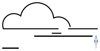 Büyük soyut bulut şekli, yatay çizgiler ve yukarı doğru fırlatılan küçük bir roket. Teknoloji, yenilik, ilerleme, bulut hesaplama, başlangıç, yaratıcılık, basit iniş sayfası için ideal