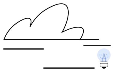 Parlayan bir ampulle birlikte temiz çizgileri olan soyut bulut. Yenilik, teknoloji, yaratıcılık, beyin fırtınası, çevre, yenilenebilir enerji, basit iniş sayfası için ideal