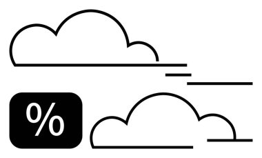 Hız çizgileri ve yüzdelik bloğu olan minimalist bulutlar hava verilerini akla getiriyor. Meteoroloji, iklim analizi, hava kalitesi, bilim, istatistik için ideal. Düz basit metafor
