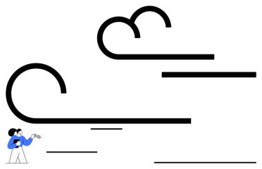 Çerçevede dönen siyah rüzgar çizgileri var. Mavi ceketli biri köşede bir kamera tutuyor. Doğa, yaratıcılık, fotoğrafçılık, hareket, minimalizm, gözlem, soyut sanat için ideal