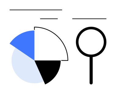Dört parçalı pasta şeması, büyüteç ve yatay çizgiler. Veri analizi, araştırma, istatistik, iş büyümesi, içgörü üretimi eğitimi ve görselleştirme için ideal. Düz basit