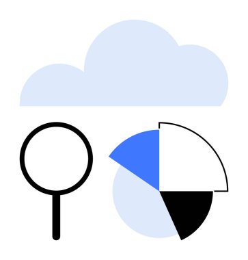 Büyüteç ve segmentli pasta grafiğinin üzerinde bulut simgesi. Veri analizi, istatistik, bulut hesaplama, araştırma, analitik, depolama çözümleri ve görselleştirme için ideal. Düz basit metafor