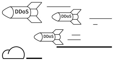Üç tane DDoS etiketli füze buluta doğru uçuyor, siber saldırıyı simgeliyor. Siber güvenlik, ağ koruması, bilişim eğitimi, tehdit bilinci, çevrimiçi güvenlik, risk için ideal