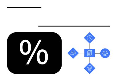 Görevler, işbirliği, zaman, yenilik ve ayarlar için simgelere bağlı siyah kare sembolü. Finans, üretkenlik, takım çalışması, problem çözme amaçlı daire planlama için ideal