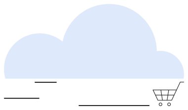 Alışveriş arabasının üstündeki mavi bulutlar online alışverişi, e-ticareti ve bulut hizmetlerini sembolize ediyor. Teknoloji, finans, perakende, veri pazarlama yenilikleri için idealdir. Düz basit