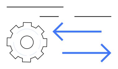 Kalın çizgileri olan dişli, hareket ve sistem akışını gösteren çift yönlü oklarla birlikte işlem kontrolünü sembolize eder. Otomasyon, verimlilik, ilerleme, işlemler, strateji, mekanik için ideal