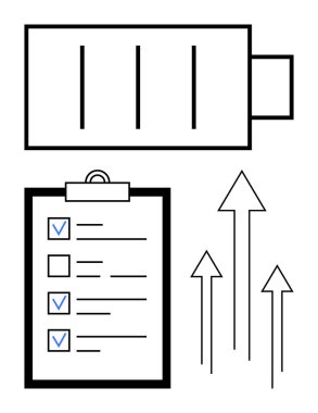 Batarya simgesi, işaretli kutuları olan kontrol listesi, yukarı çıkan oklar verimliliği, büyümeyi ve ilerlemeyi sembolize ediyor. Üretkenlik, organizasyon, zaman yönetimi, enerji hedefleri basit iniş planları için ideal