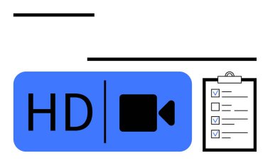 İşaretli görevlerle birlikte detaylı bir kontrol listesinin yanında mavi dikdörtgendeki HD video sembolü. Video kalitesi, görev organizasyonu, üretkenlik, planlama, medya iş akışı, eğitim, basit iniş sayfası için ideal