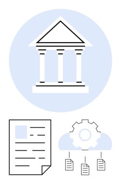 Bulut dişli sistemi ve belgelerin üzerindeki hukuk ve otoriteyi temsil eden klasik hükümet binası. Yönetim, mevzuat, hukuk sistemi, dijital depolama, belge iş akışı, uyum için ideal