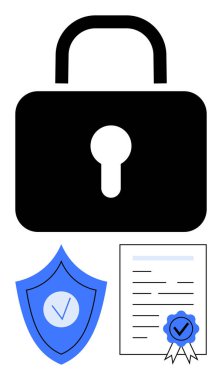 Asma kilit güvenliği sembolize ediyor, mavi kalkan ve onaylanmış belge. Veri gizliliği, siber güvenlik, çevrimiçi koruma, yasal uyum, güven, şifreleme için ideal