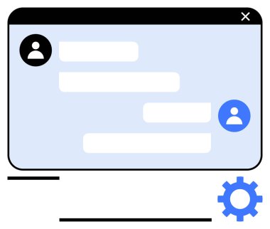 Kullanıcı sohbet baloncukları, avatarlar ve ayarları olan mesaj penceresi. İletişim, teknoloji, kullanıcı deneyimi, sosyal ağ, çevrimiçi sohbet, müşteri desteği dairesi için ideal