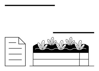 Tomurcukları tomurcuklanmış yüksek bir bahçe yatağının yanındaki kağıt. Tarım, bahçıvanlık, sürdürülebilirlik, planlama, eko-tasarım, eğitim, büyüme için idealdir. Düz basit metafor