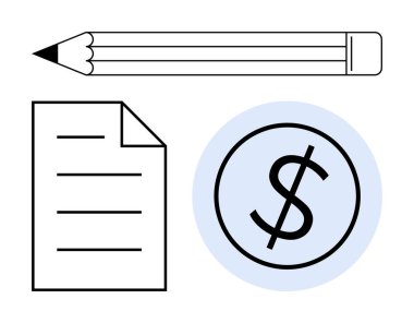 Kalem, kağıt ve dolar işaretleri yazı, belgelendirme, finansal planlama, bütçe, iş stratejisi, eğitim ve yaratıcılık konularını vurguluyor. Düz basit metafor için ideal