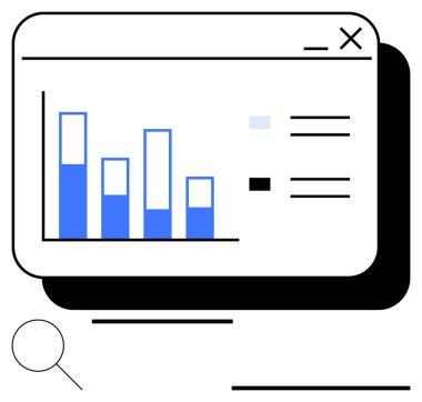Üzerinde mavi çubuklar, anahtar ve metin elemanları olan bir çubuk grafiği olan minimalist veri gösterge paneli. Analiz, iş, rapor, izleme, istatistik, sunum için ideal