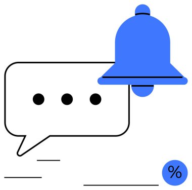 Üç noktalı sohbet balonu ve yüzdelik bir sembolle üst üste binen mavi uyarı zili. İletişim, güncelleme, bildirim, mesaj, uyarı, bilgi paylaşımı, hatırlatmalar için idealdir. Düz