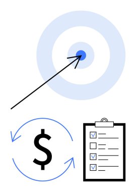 Ok hedefi vurdu, kontrol listesi panosu, ve dolar işareti dairesel oklarda. İş stratejisi için ideal, hedef belirleme, proje planlaması, üretkenlik, mali yönetim, başarı sade iniş