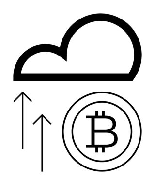 Bitcoin 'li bulut ve yukarı doğru oklar kripto para birimi büyümesini, dijital finansmanı, ademi merkeziyeti, engelleme zincirini sembolize ediyor. Fintech, yatırım, ademi merkeziyetçi ağlar, bulut depolama, dijital
