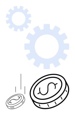 Madeni para yere doğru hareket halinde, arka planda vites şekilleri ile birlikte mali sistemleri, verimliliği ve işbirliğini sembolize ediyor. Yatırım, ekonomi ve para yönetimi için ideal