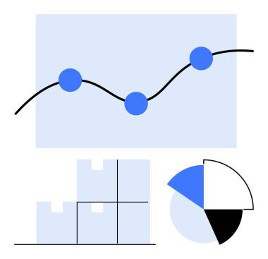 Mavi veri noktalı doğru grafiği, segmentli bar grafiği ve siyah-mavi pasta grafiği. İş analizi, istatistik, performans takibi, raporlama, strateji planlaması, sunumlar için ideal
